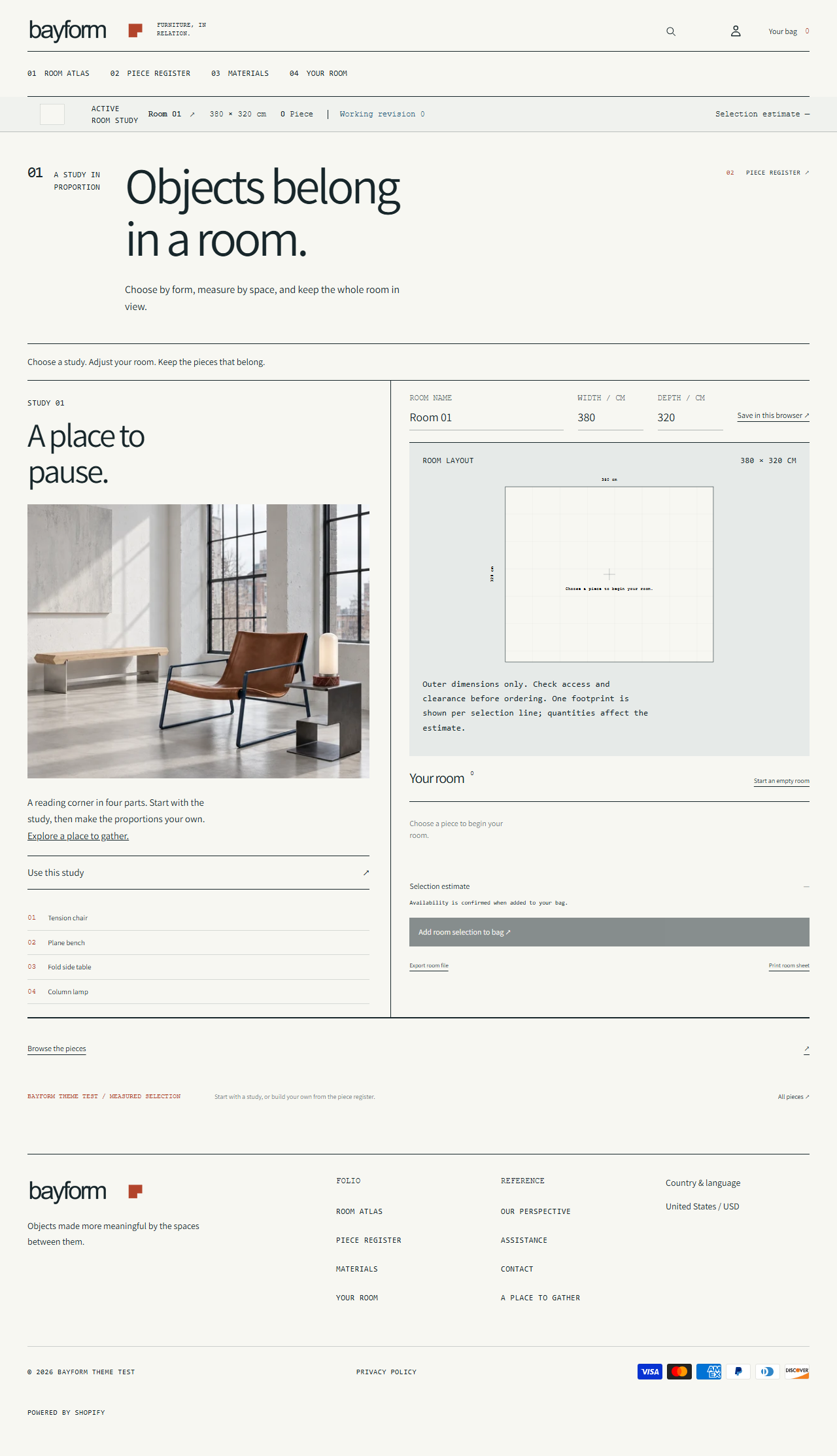 Bayform's room atlas pairs furniture photography with a measured room layout.